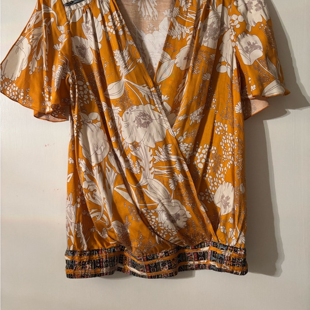 Anthropologie, Tiny brand, Floral Wrap Blouse in Mustard and Cream